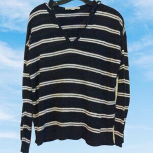 LOFT Linen Hooded Stripe Top S Preppy Coastal Grandmother V-Neck Slightly Sheer